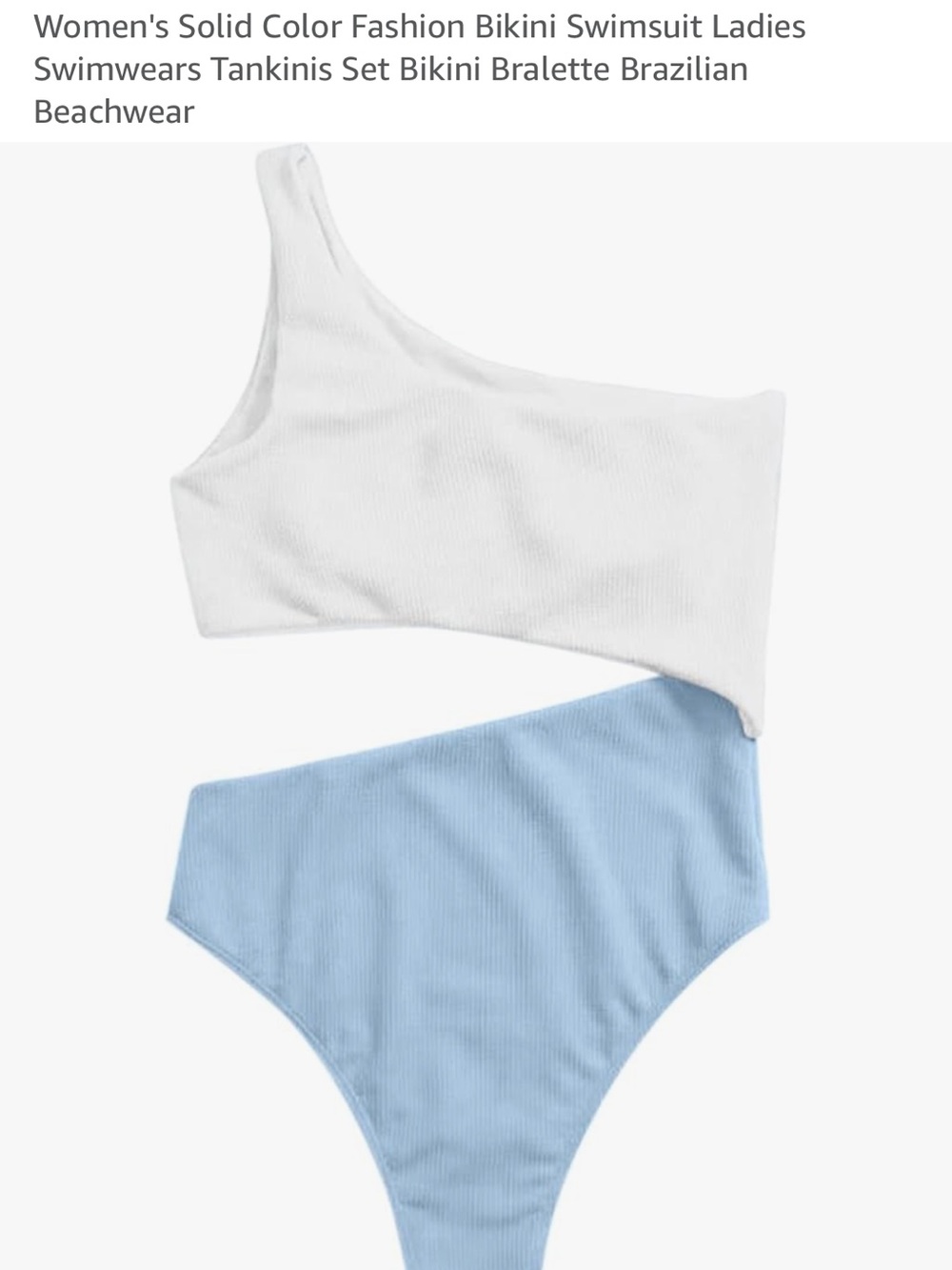 One-Shoulder Two-Tone Bikini Set in White & Light Blue-Size Medium
